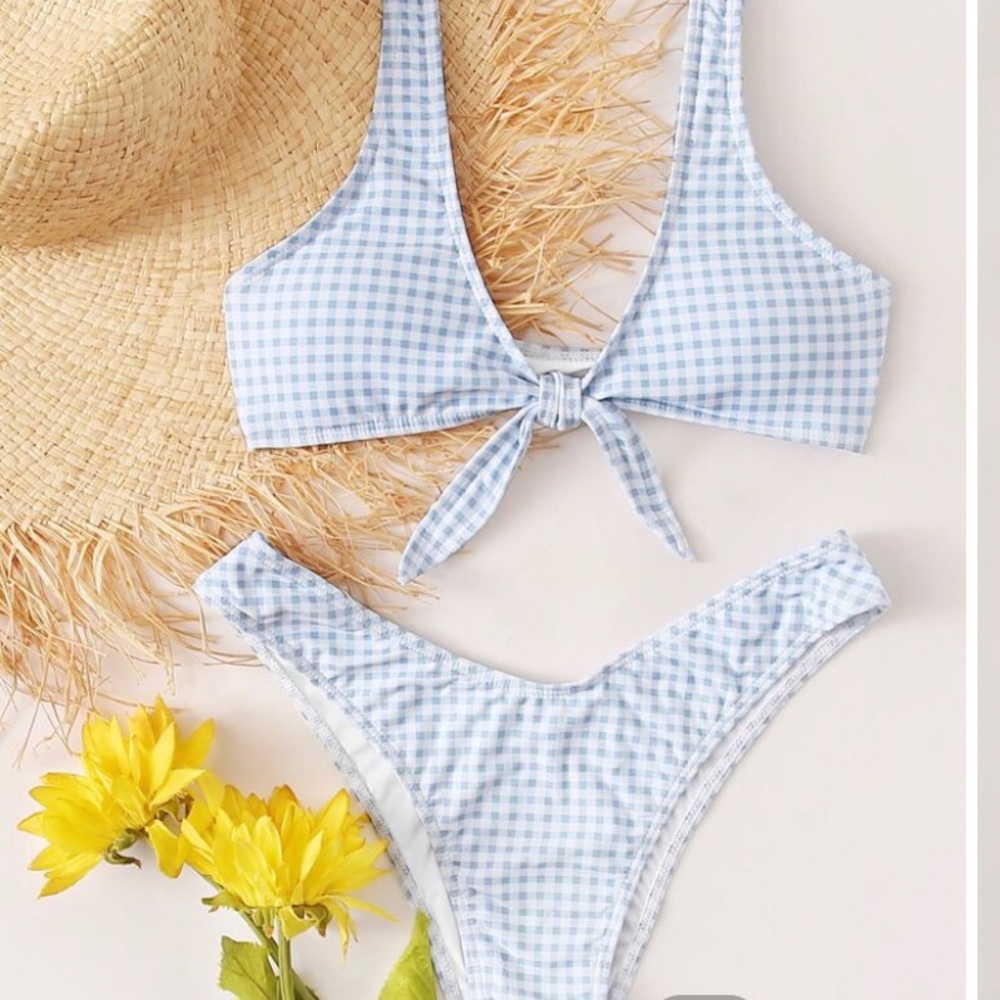 Gingham knot front tie high cut bikini